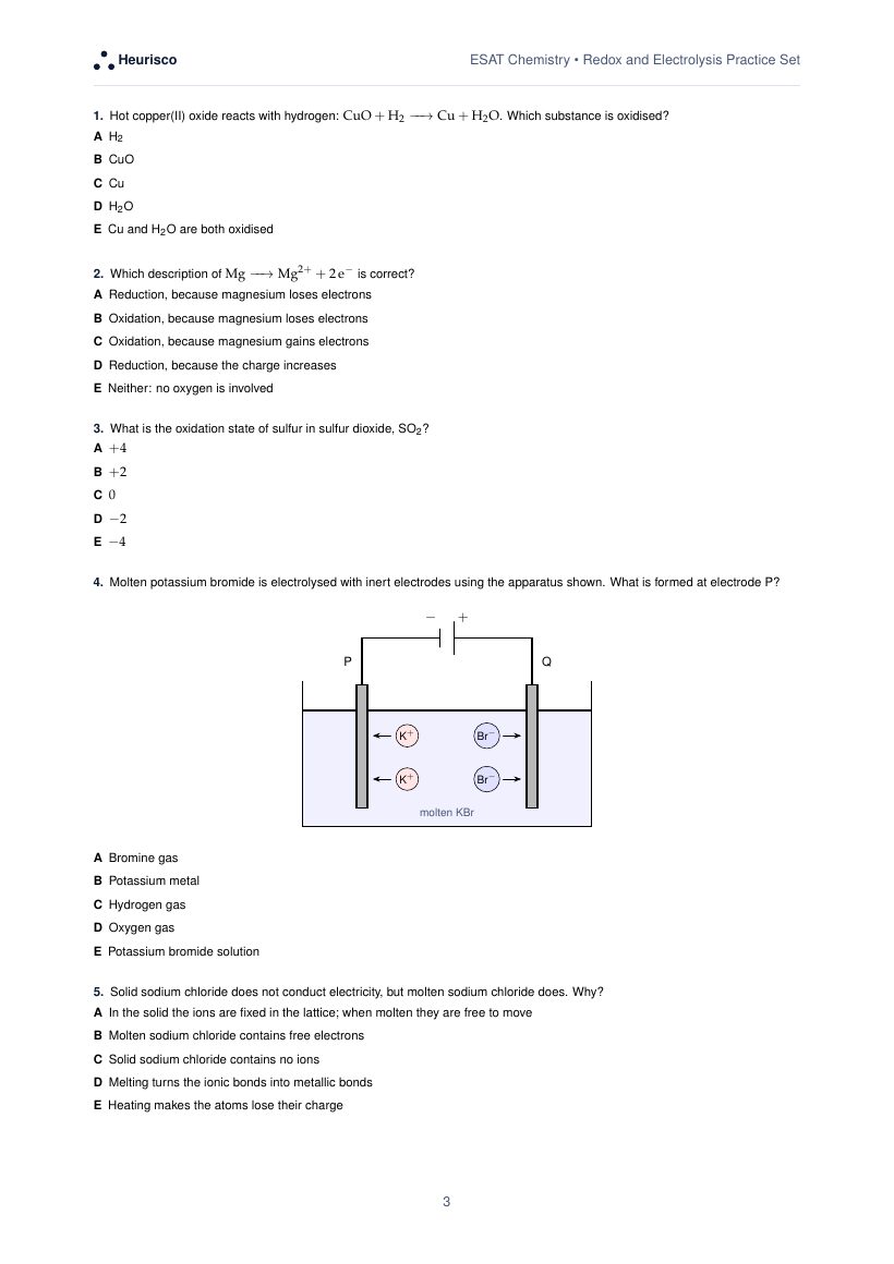 Page 3 of the question paper for ESAT Chemistry: Redox and electrolysis: the first questions, laid out as in the real test.