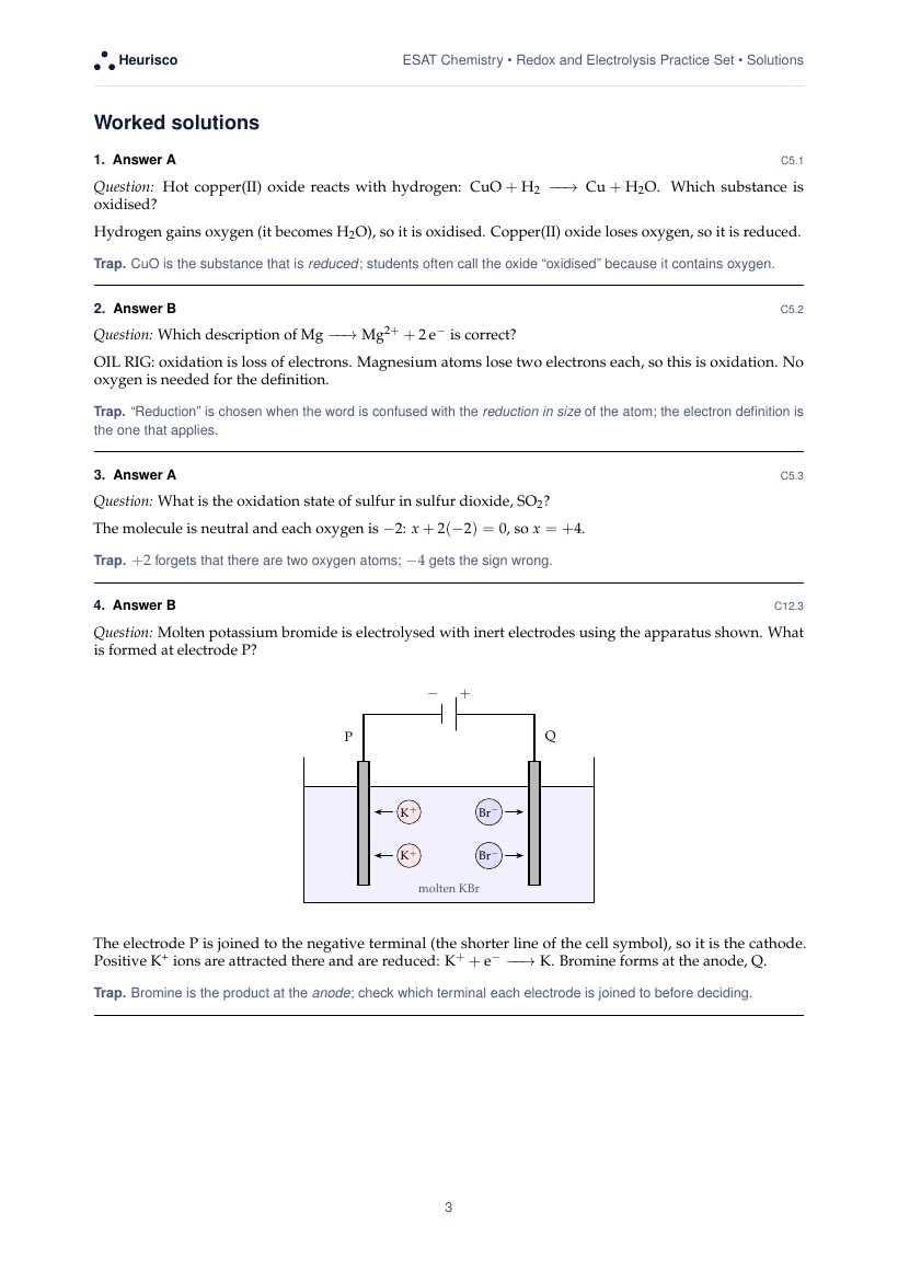 Page 3 of the worked solutions for ESAT Chemistry: Redox and electrolysis: the answer, a step-by-step solution and the trap for each question.