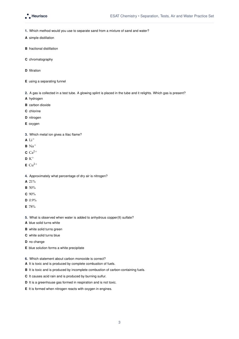Page 3 of the question paper for ESAT Chemistry: Separation, tests, air and water: the first questions, laid out as in the real test.