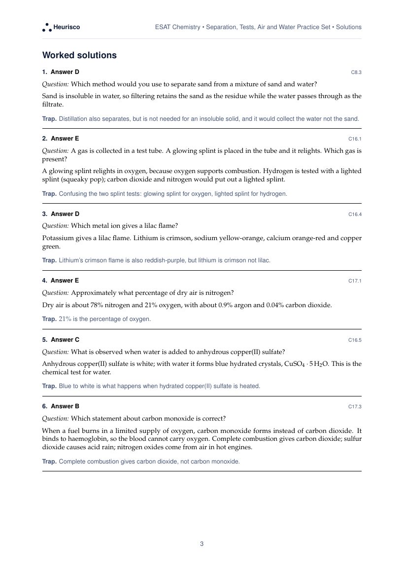 Page 3 of the worked solutions for ESAT Chemistry: Separation, tests, air and water: the answer, a step-by-step solution and the trap for each question.