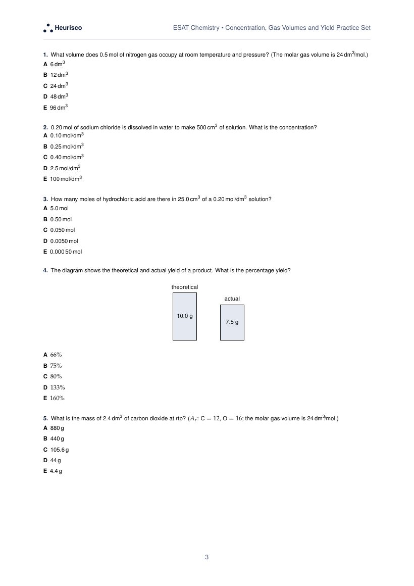 Page 3 of the question paper for ESAT Chemistry: Concentration, gas volumes and yield: the first questions, laid out as in the real test.