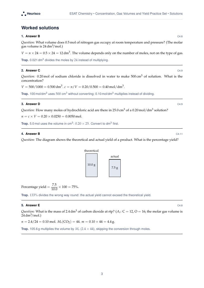 Page 3 of the worked solutions for ESAT Chemistry: Concentration, gas volumes and yield: the answer, a step-by-step solution and the trap for each question.