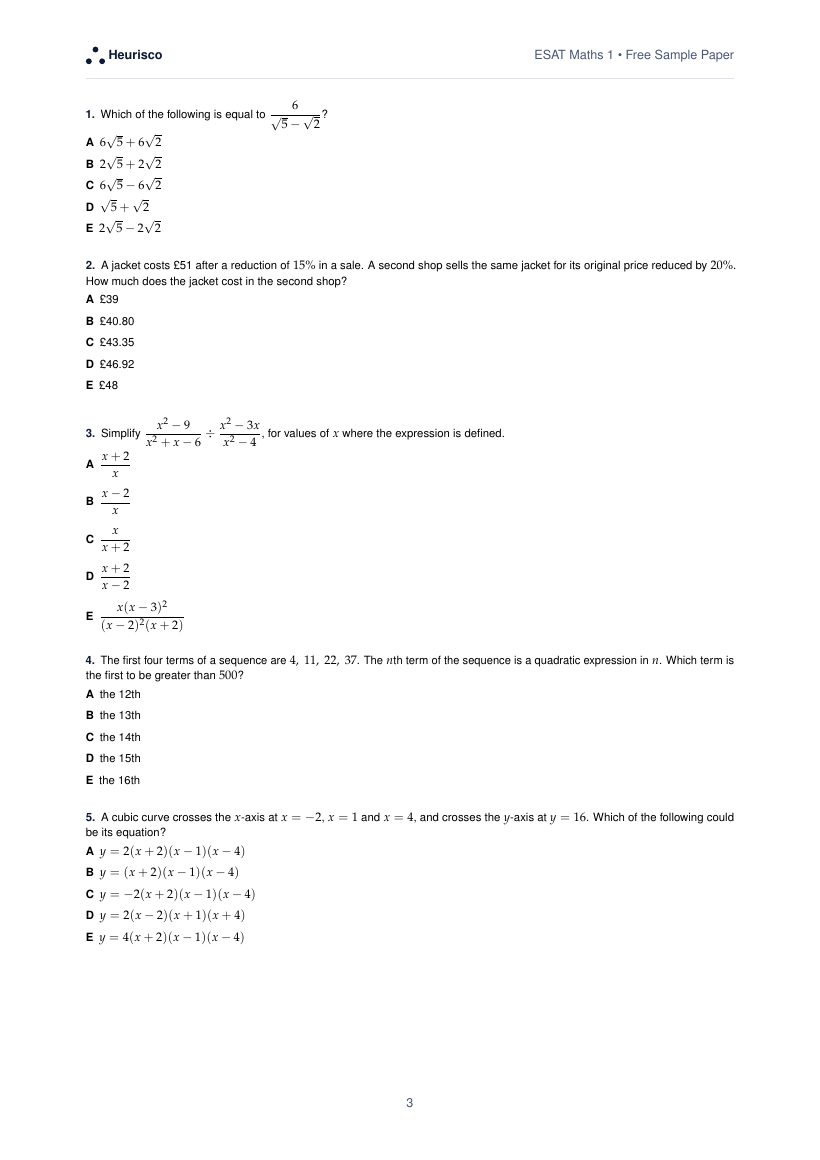 Page 3 of the free sample paper, showing the first questions with five options each.