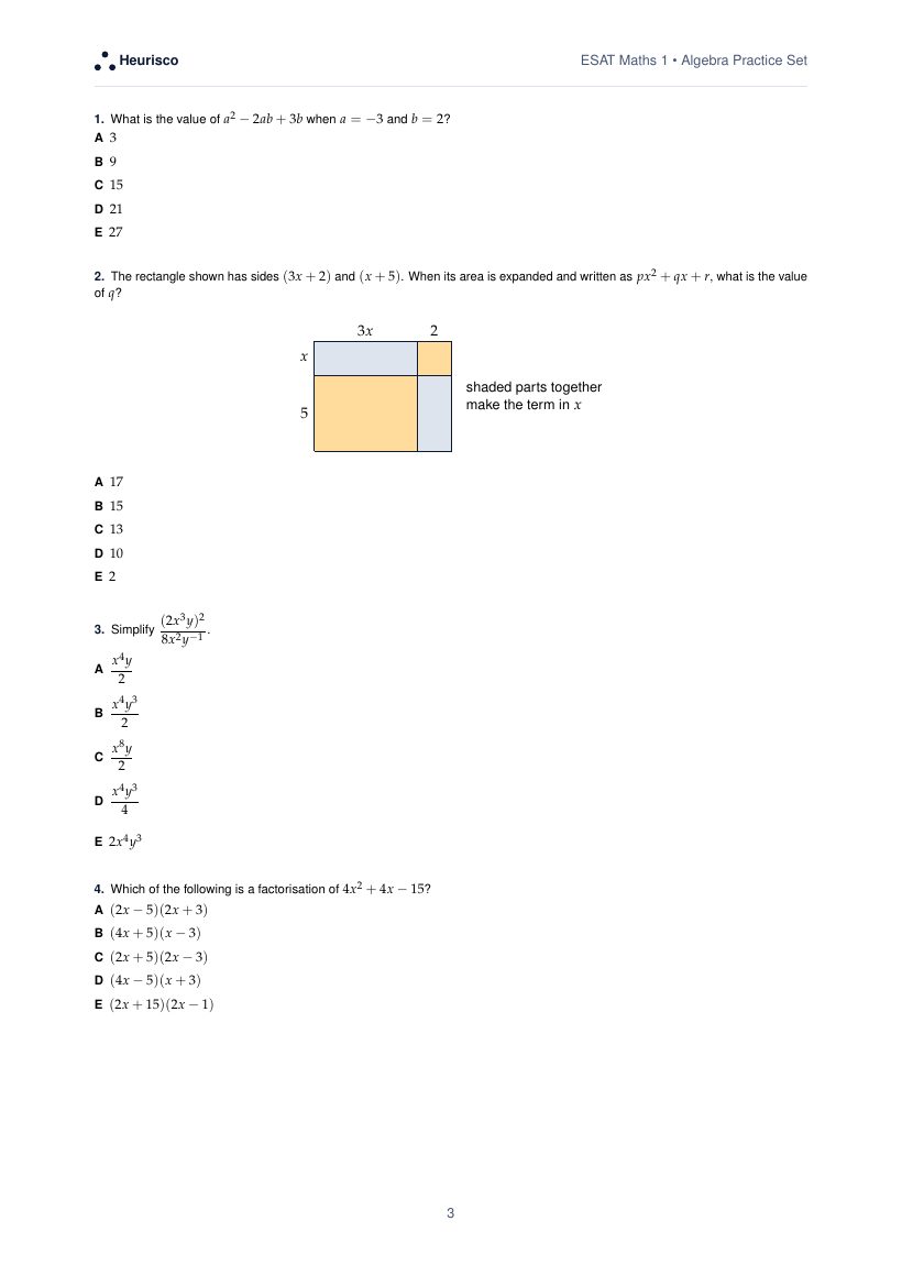 Page 3 of the question paper for ESAT Maths 1: Algebra: the first questions, laid out as in the real test.