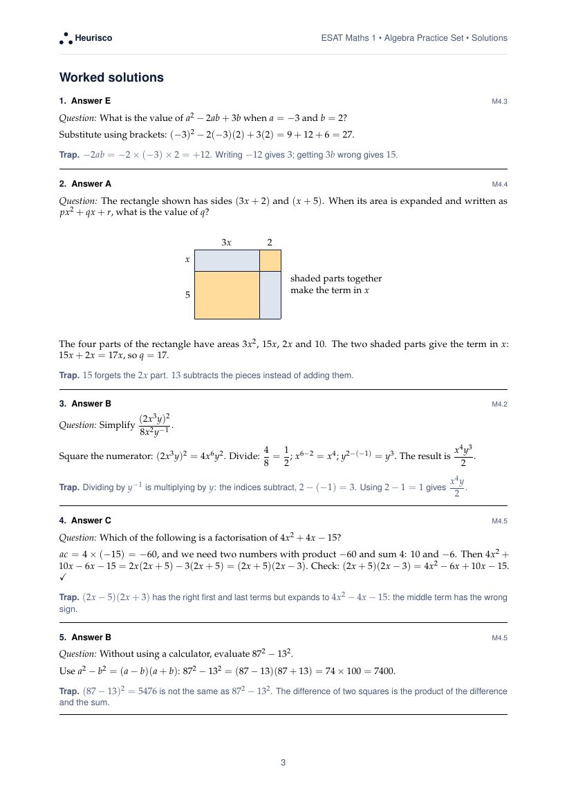Page 3 of the worked solutions for ESAT Maths 1: Algebra: the answer, a step-by-step solution and the trap for each question.