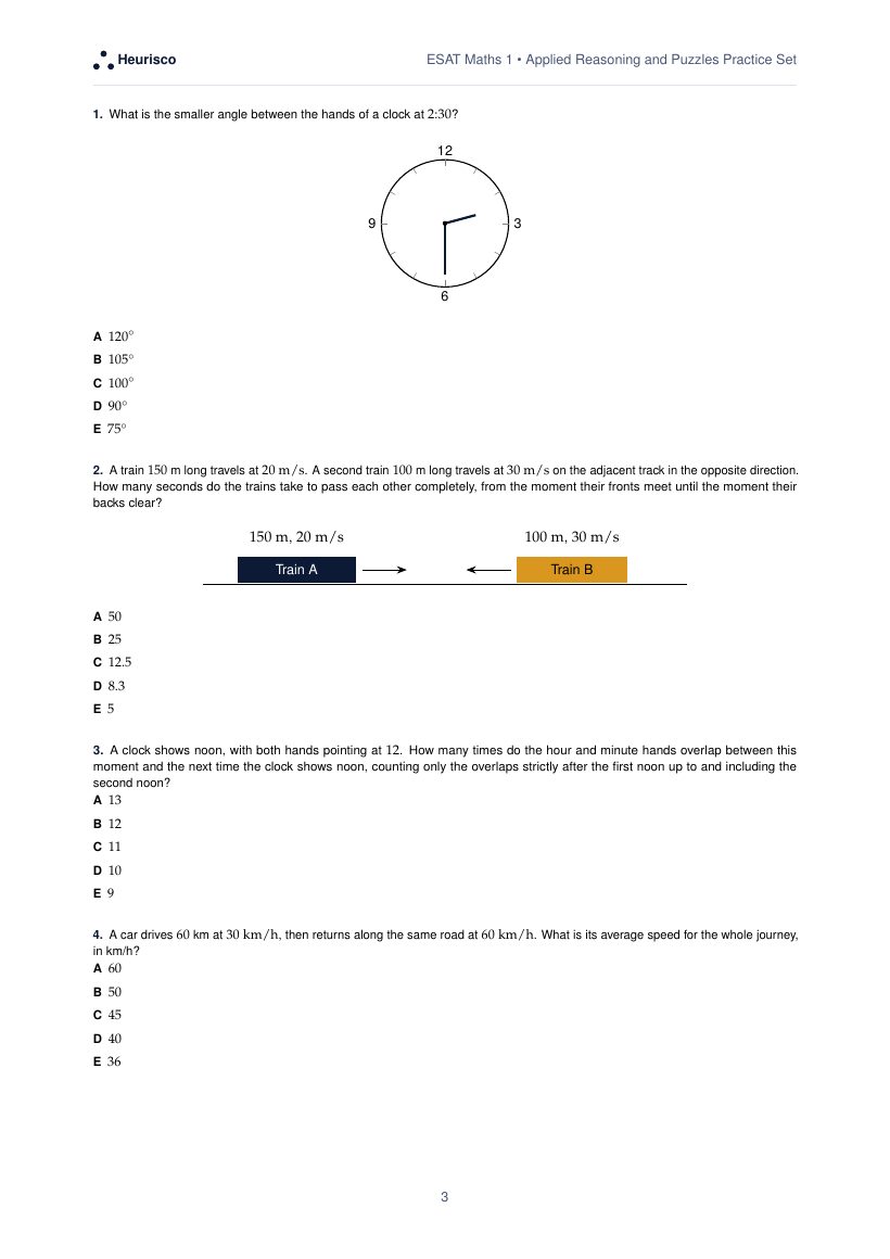 Page 3 of the question paper for ESAT Maths 1: Applied reasoning and puzzles: the first questions, laid out as in the real test.