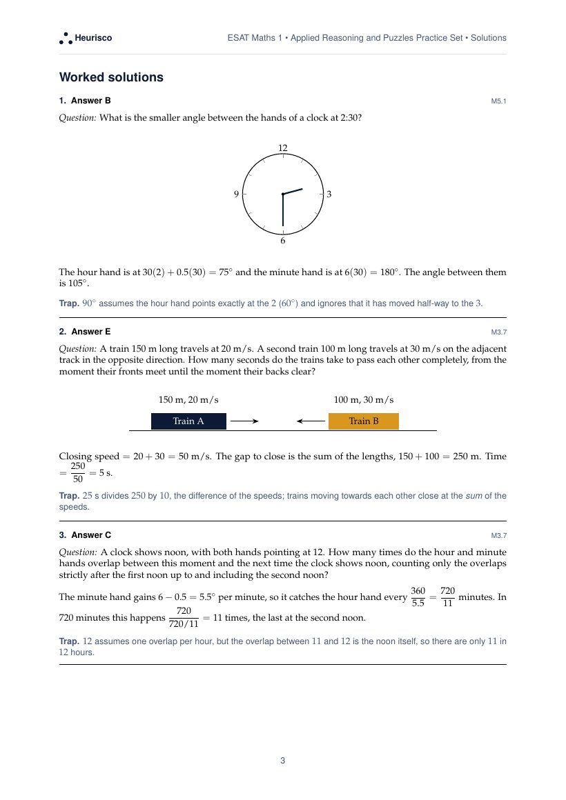 Page 3 of the worked solutions for ESAT Maths 1: Applied reasoning and puzzles: the answer, a step-by-step solution and the trap for each question.