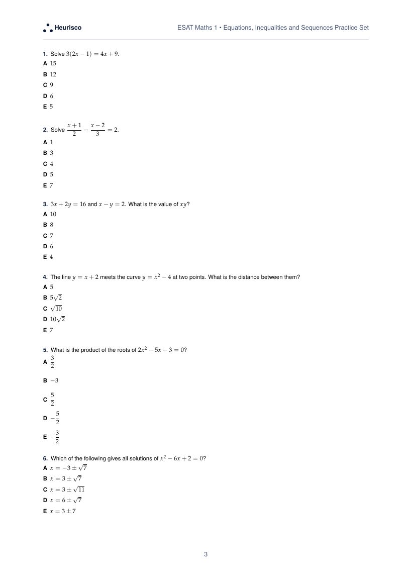 Page 3 of the question paper for ESAT Maths 1: Equations, inequalities and sequences: the first questions, laid out as in the real test.