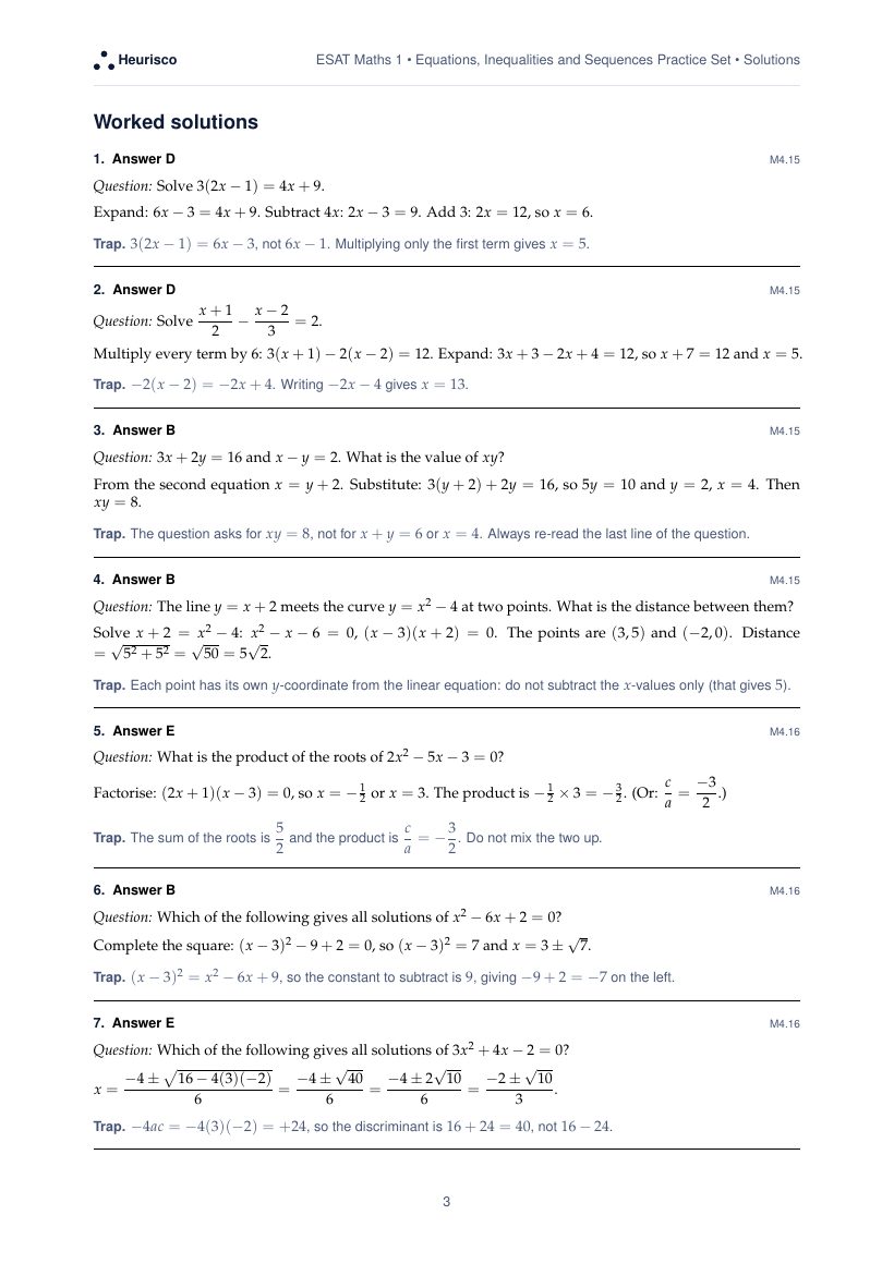 Page 3 of the worked solutions for ESAT Maths 1: Equations, inequalities and sequences: the answer, a step-by-step solution and the trap for each question.