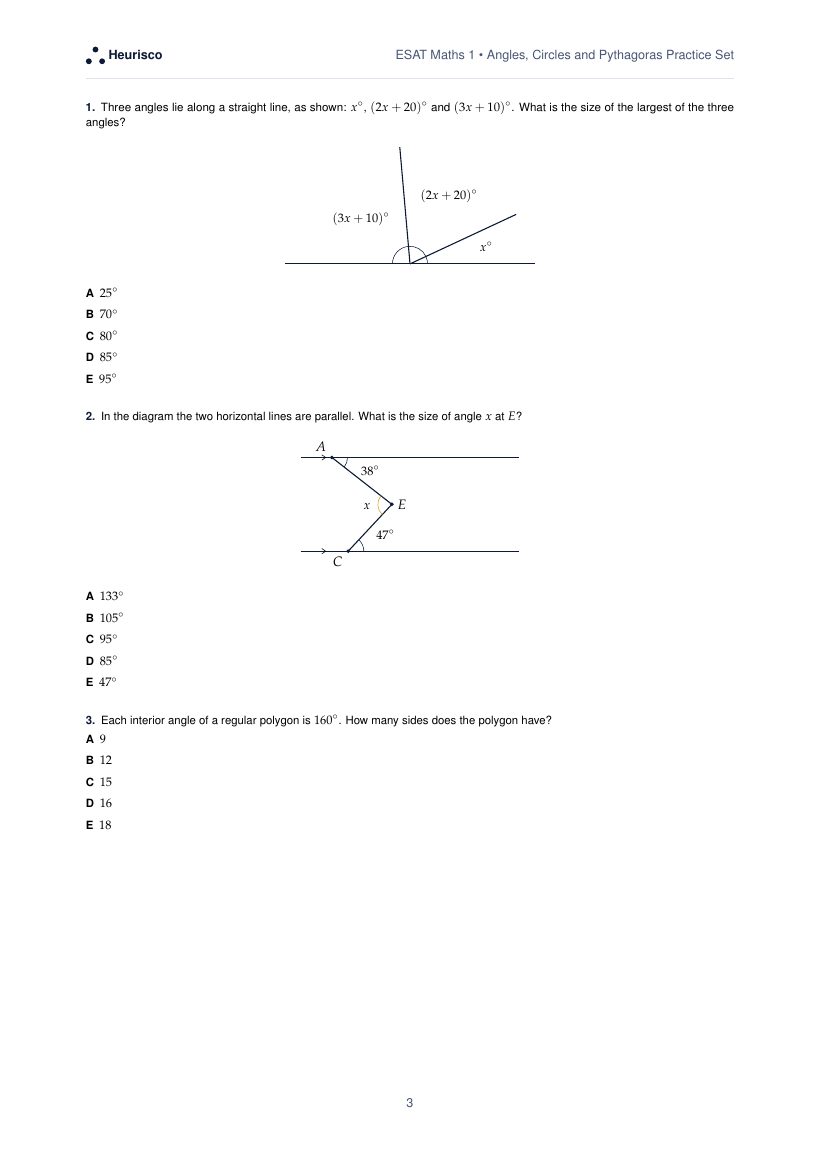 Page 3 of the question paper for ESAT Maths 1: Angles, circles and Pythagoras: the first questions, laid out as in the real test.