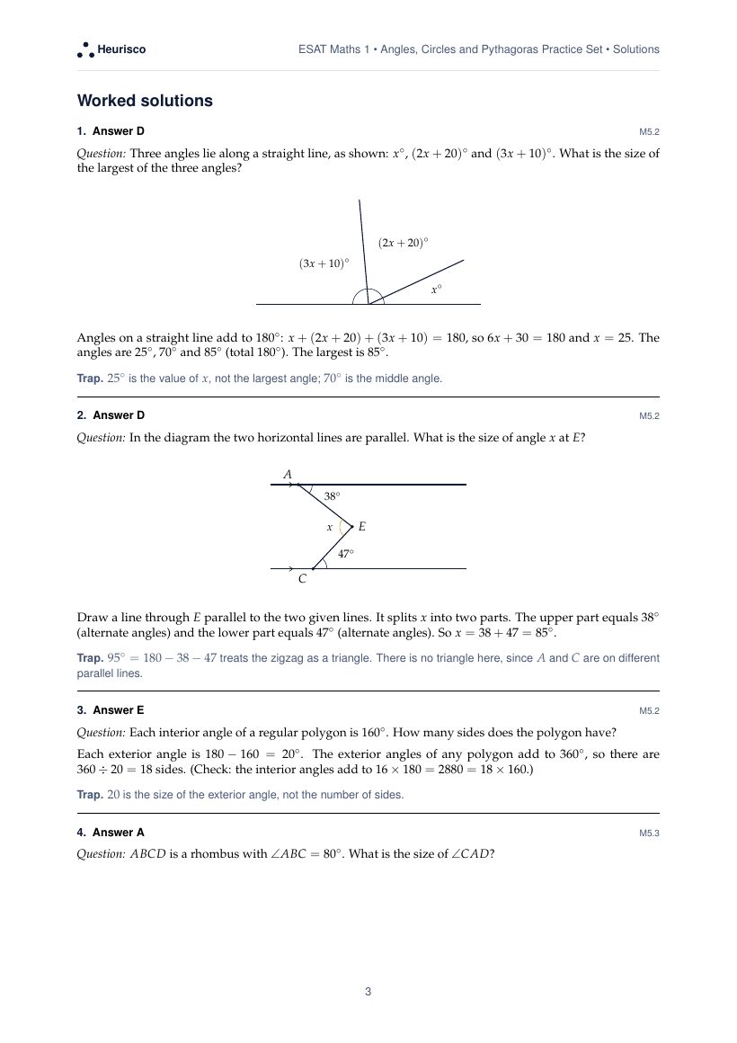Page 3 of the worked solutions for ESAT Maths 1: Angles, circles and Pythagoras: the answer, a step-by-step solution and the trap for each question.