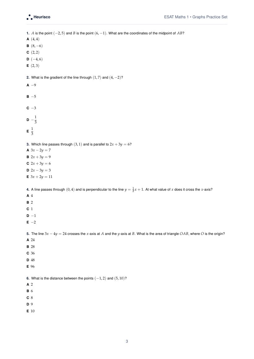 Page 3 of the question paper for ESAT Maths 1: Graphs: the first questions, laid out as in the real test.