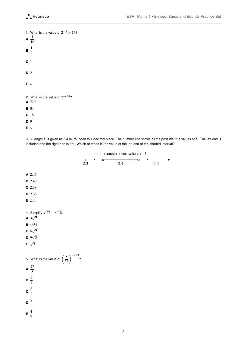 Page 3 of the question paper for ESAT Maths 1: Indices, surds and bounds: the first questions, laid out as in the real test.