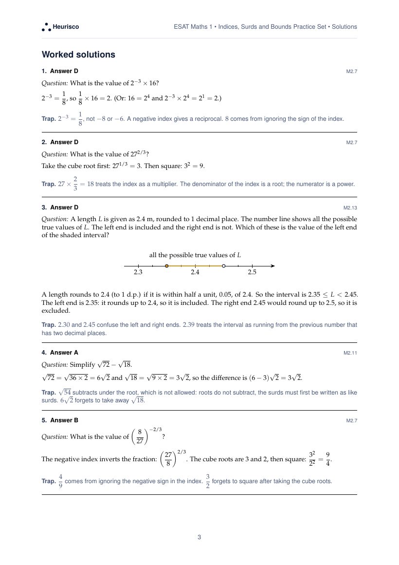 Page 3 of the worked solutions for ESAT Maths 1: Indices, surds and bounds: the answer, a step-by-step solution and the trap for each question.