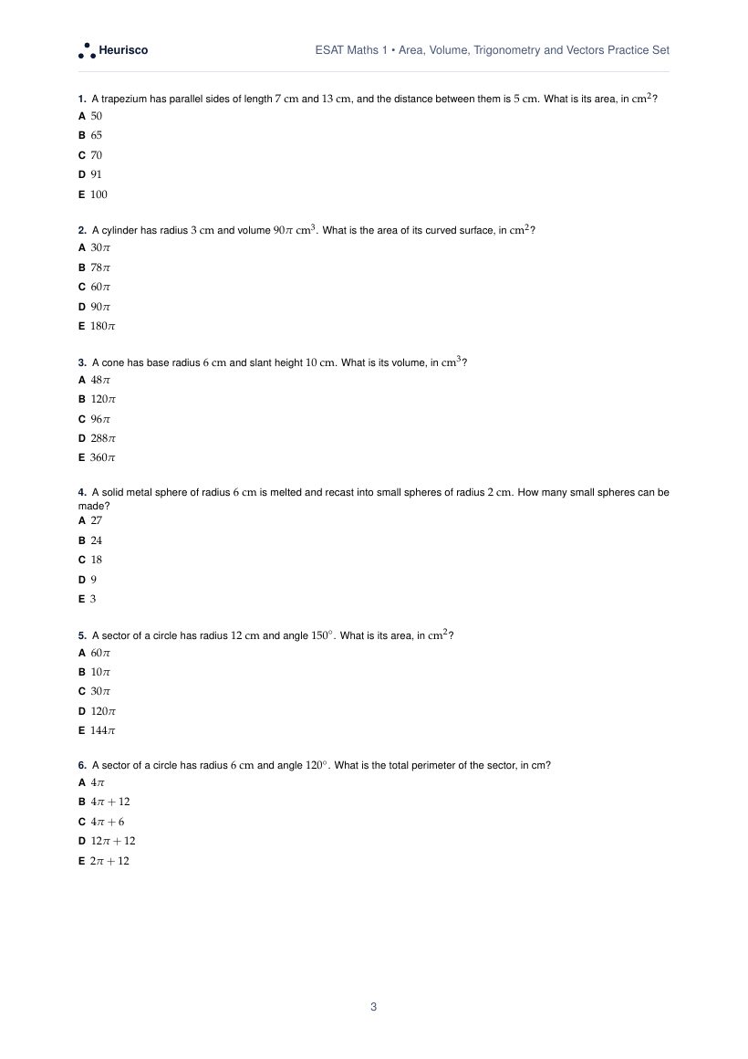 Page 3 of the question paper for ESAT Maths 1: Area, volume, vectors and trigonometry: the first questions, laid out as in the real test.