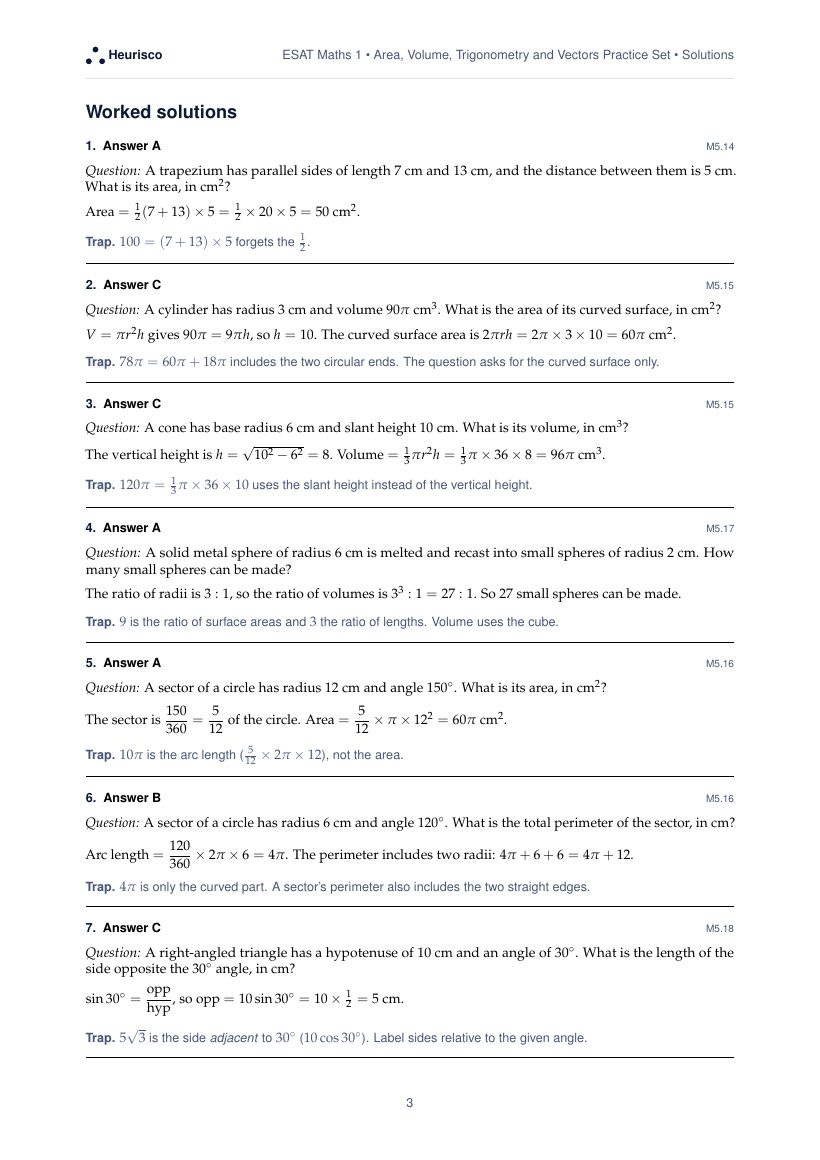 Page 3 of the worked solutions for ESAT Maths 1: Area, volume, vectors and trigonometry: the answer, a step-by-step solution and the trap for each question.