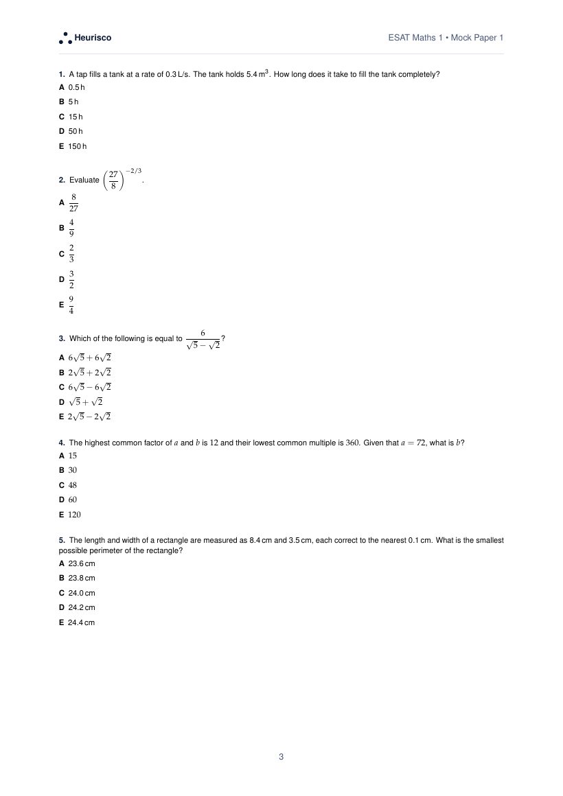 Page 3 of the question paper for ESAT Maths 1: Mock Paper 1: the first questions, laid out as in the real test.