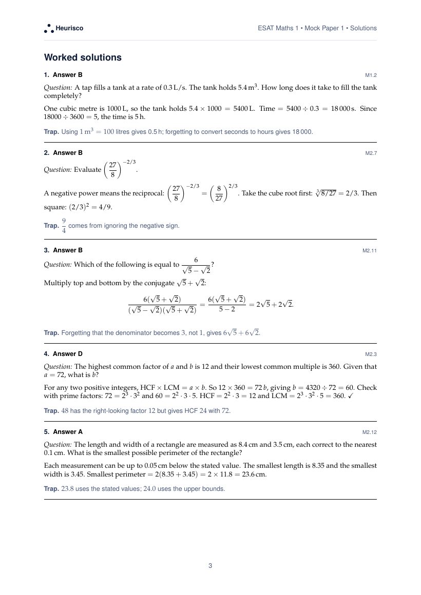 Page 3 of the worked solutions for ESAT Maths 1: Mock Paper 1: the answer, a step-by-step solution and the trap for each question.