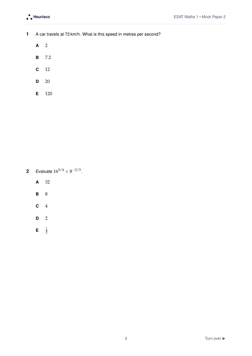 Page 3 of the question paper for ESAT Maths 1: Mock Exam 2: the first questions, laid out as in the real test.