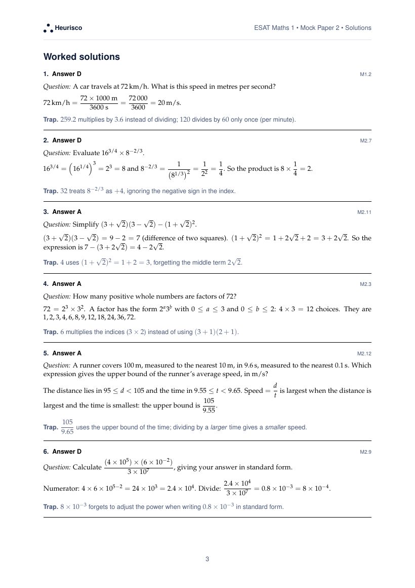 Page 3 of the worked solutions for ESAT Maths 1: Mock Exam 2: the answer, a step-by-step solution and the trap for each question.