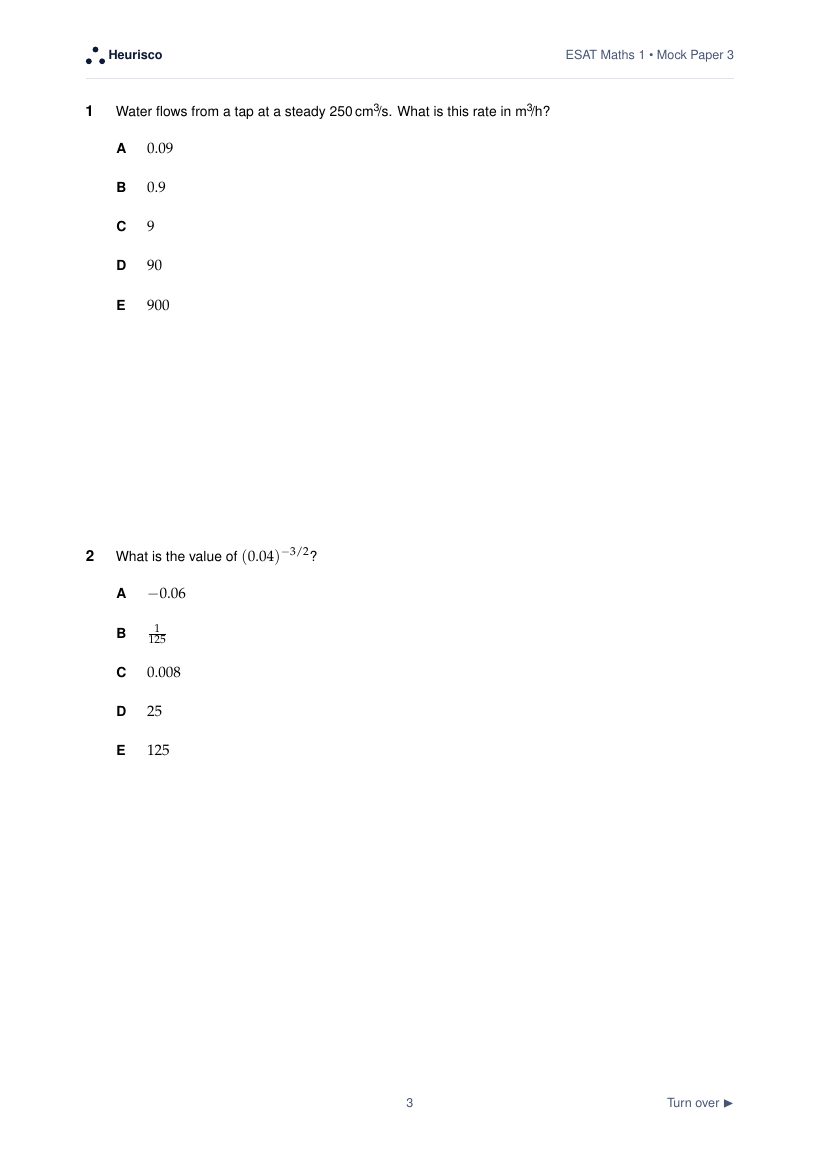 Page 3 of the question paper for ESAT Maths 1: Mock Exam 3: the first questions, laid out as in the real test.