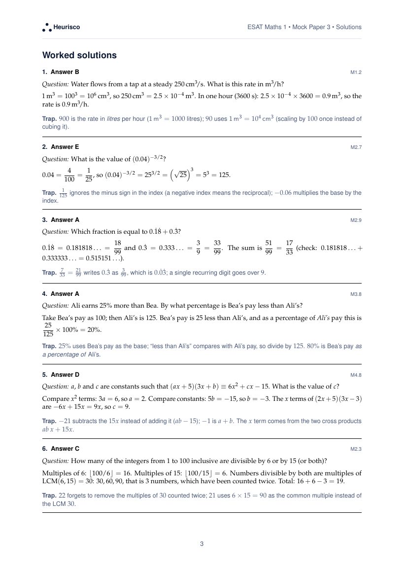 Page 3 of the worked solutions for ESAT Maths 1: Mock Exam 3: the answer, a step-by-step solution and the trap for each question.