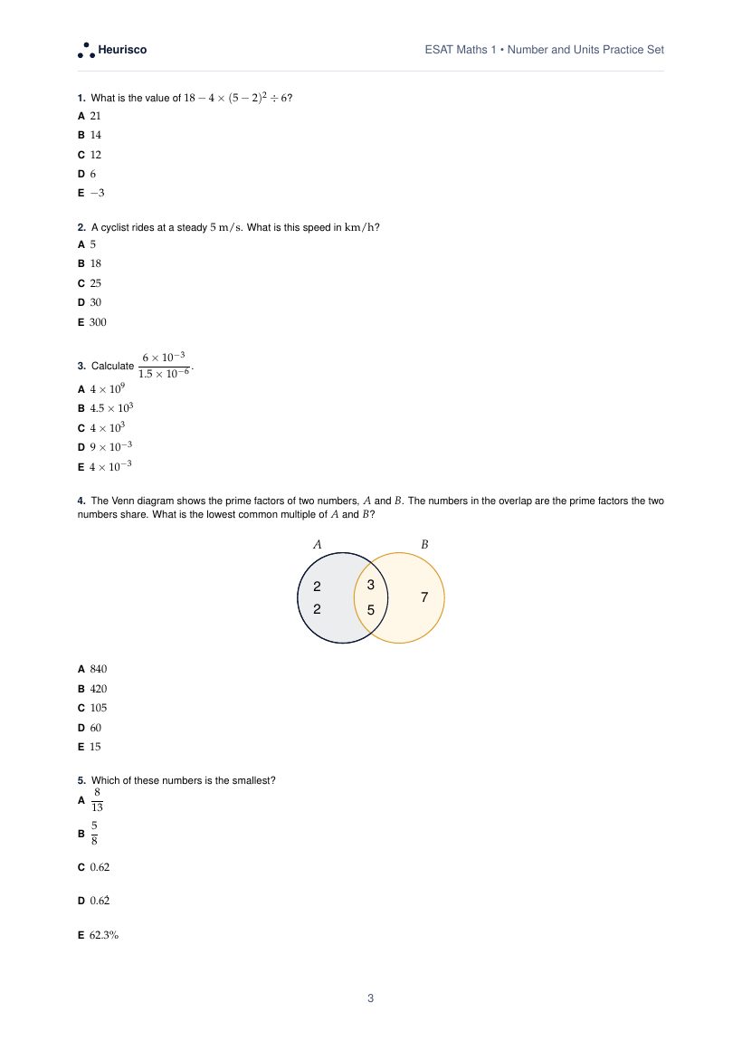 Page 3 of the question paper for ESAT Maths 1: Number and units: the first questions, laid out as in the real test.