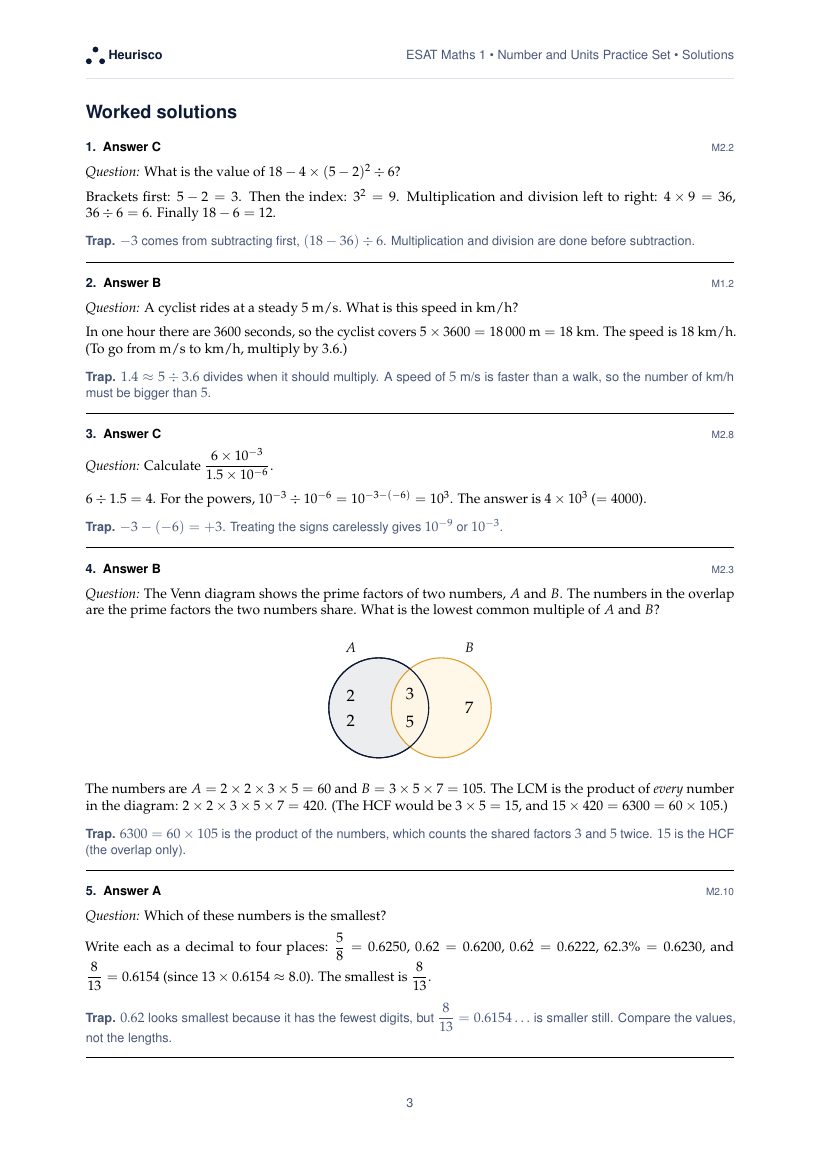 Page 3 of the worked solutions for ESAT Maths 1: Number and units: the answer, a step-by-step solution and the trap for each question.