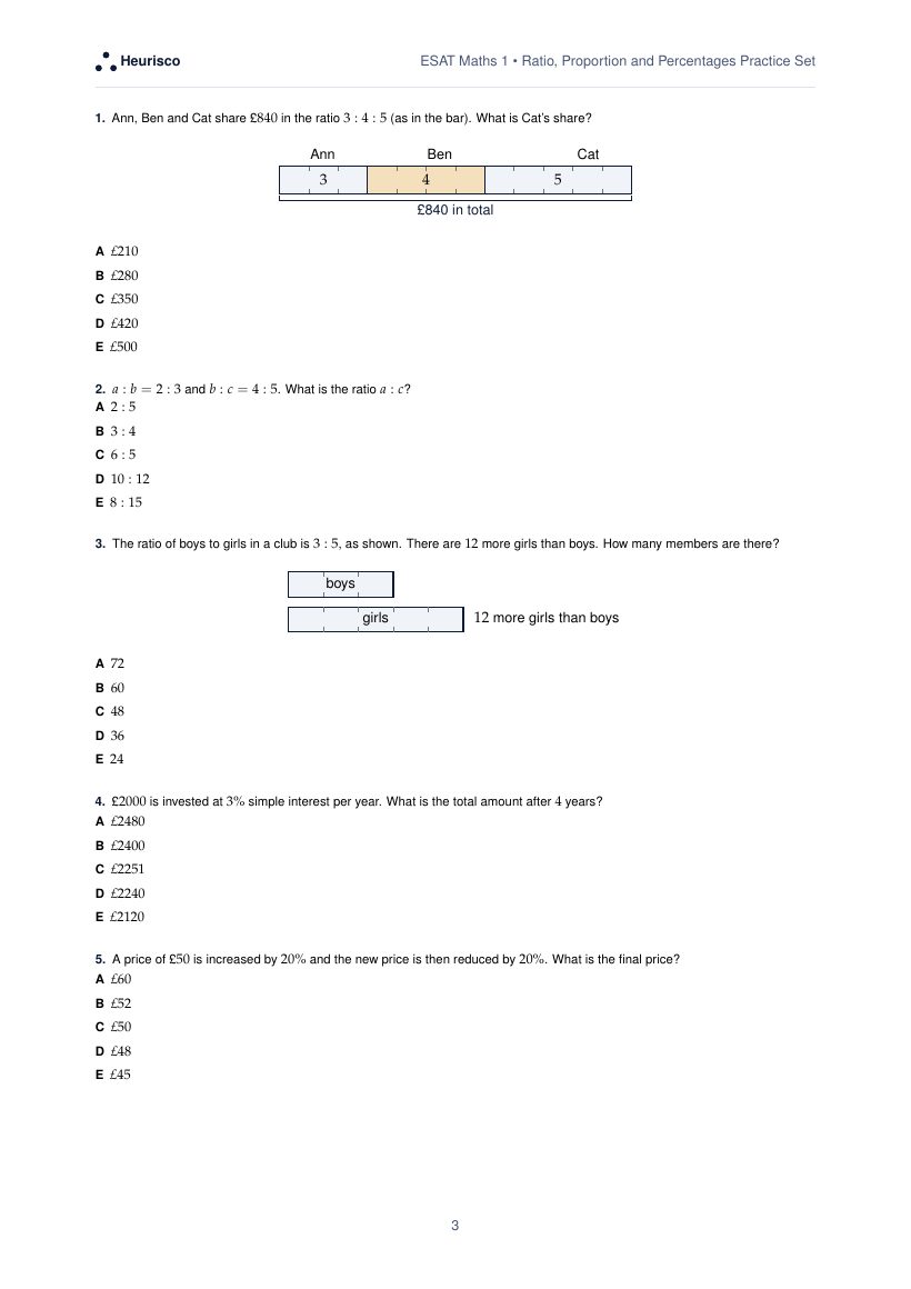 Page 3 of the question paper for ESAT Maths 1: Ratio, proportion and percentages: the first questions, laid out as in the real test.