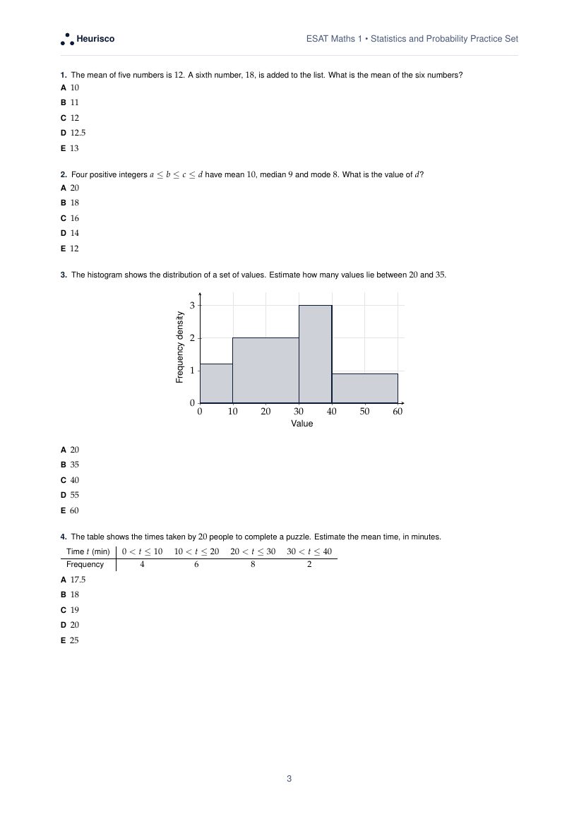 Page 3 of the question paper for ESAT Maths 1: Statistics and probability: the first questions, laid out as in the real test.