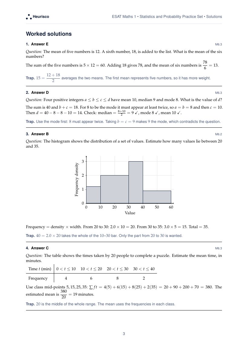Page 3 of the worked solutions for ESAT Maths 1: Statistics and probability: the answer, a step-by-step solution and the trap for each question.