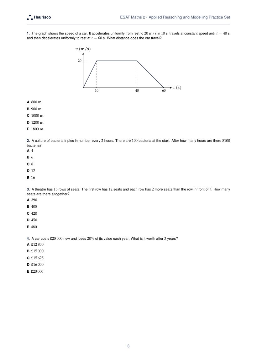 Page 3 of the question paper for ESAT Maths 2: Applied reasoning and modelling: the first questions, laid out as in the real test.