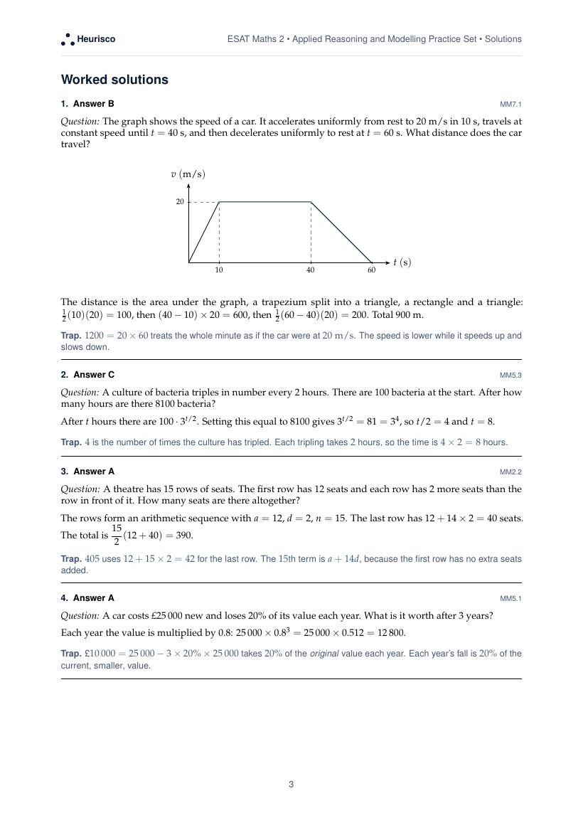 Page 3 of the worked solutions for ESAT Maths 2: Applied reasoning and modelling: the answer, a step-by-step solution and the trap for each question.