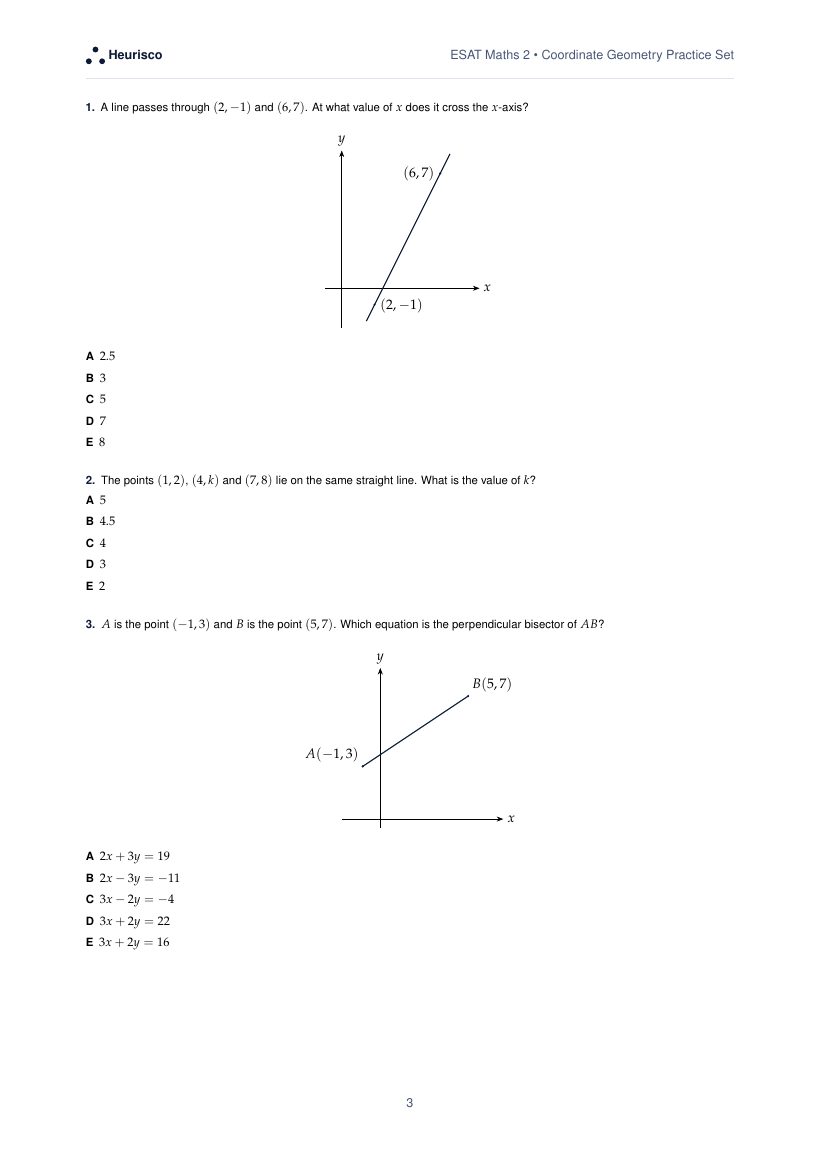 Page 3 of the question paper for ESAT Maths 2: Coordinate geometry: the first questions, laid out as in the real test.