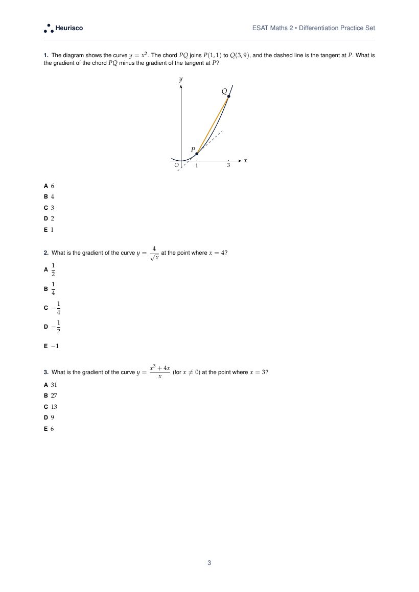 Page 3 of the question paper for ESAT Maths 2: Differentiation: the first questions, laid out as in the real test.