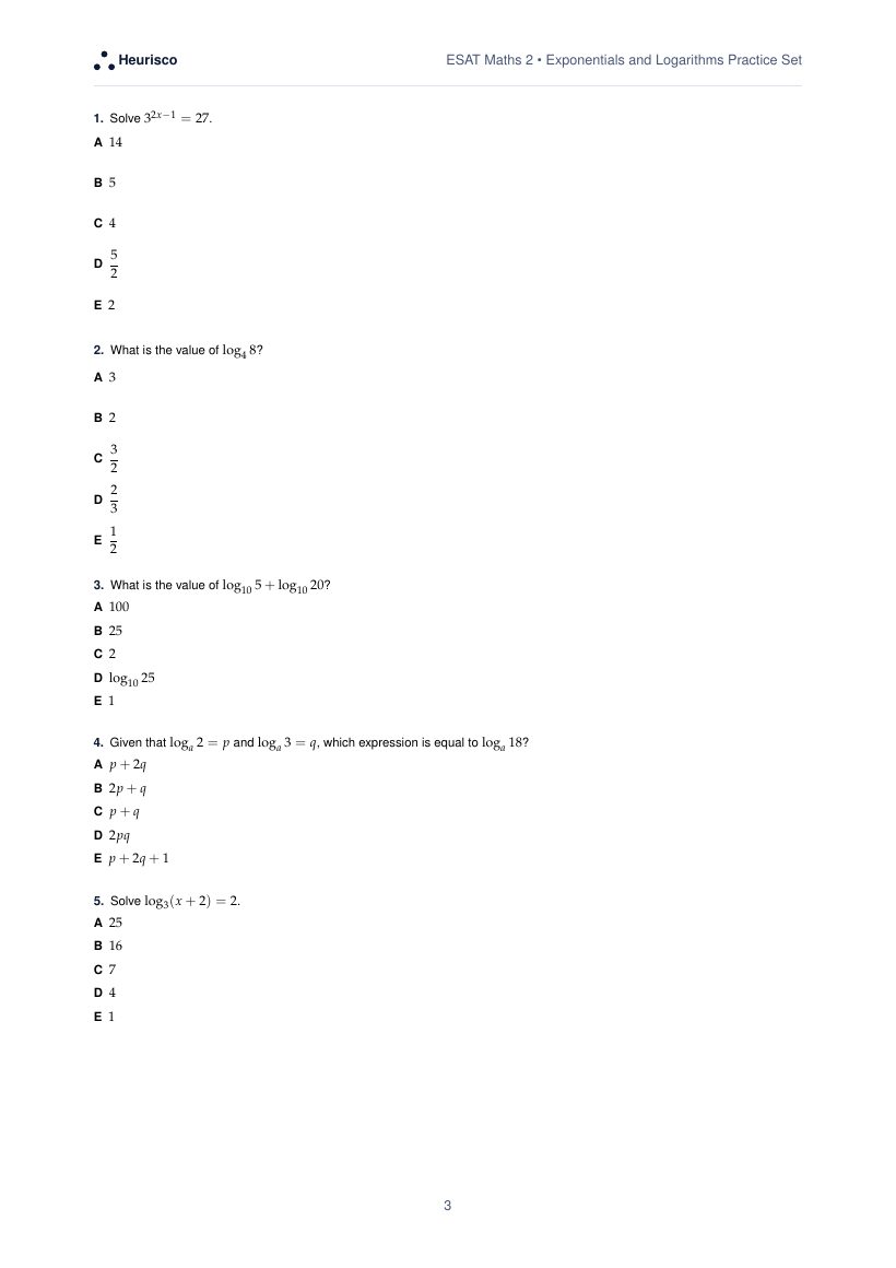 Page 3 of the question paper for ESAT Maths 2: Exponentials and logarithms: the first questions, laid out as in the real test.
