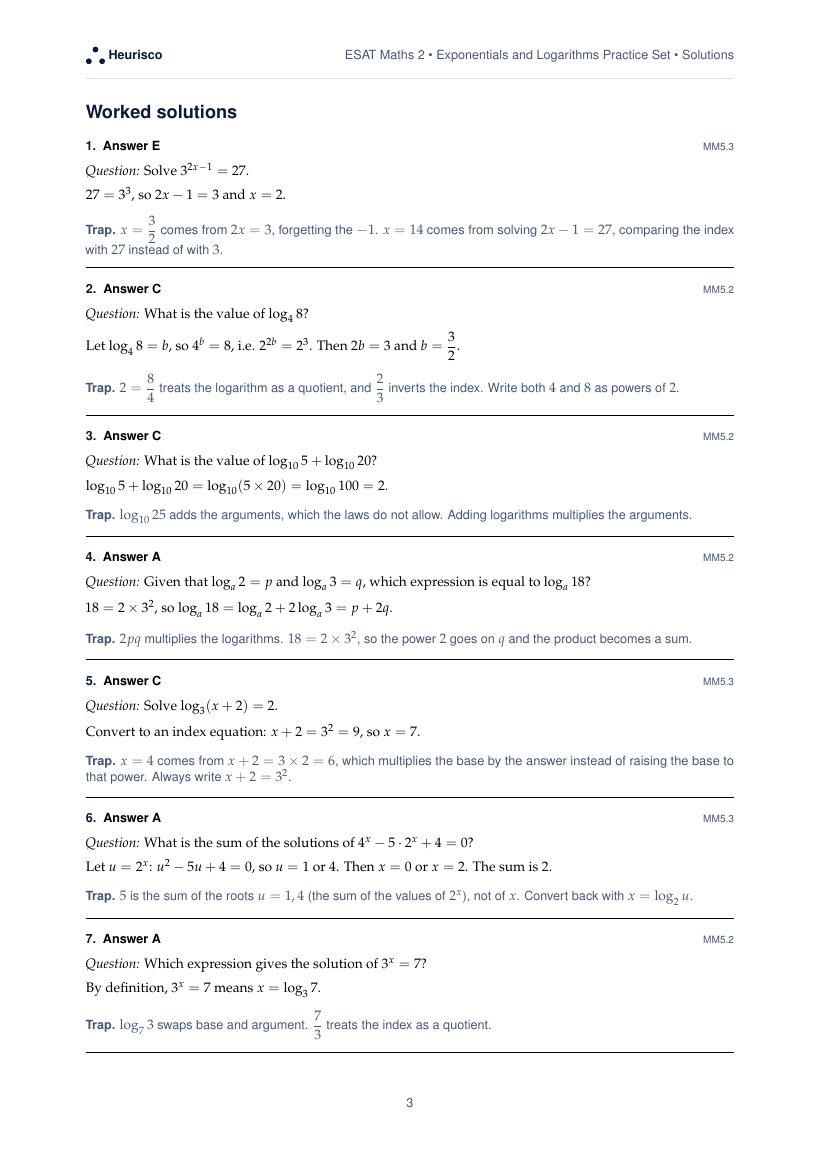 Page 3 of the worked solutions for ESAT Maths 2: Exponentials and logarithms: the answer, a step-by-step solution and the trap for each question.
