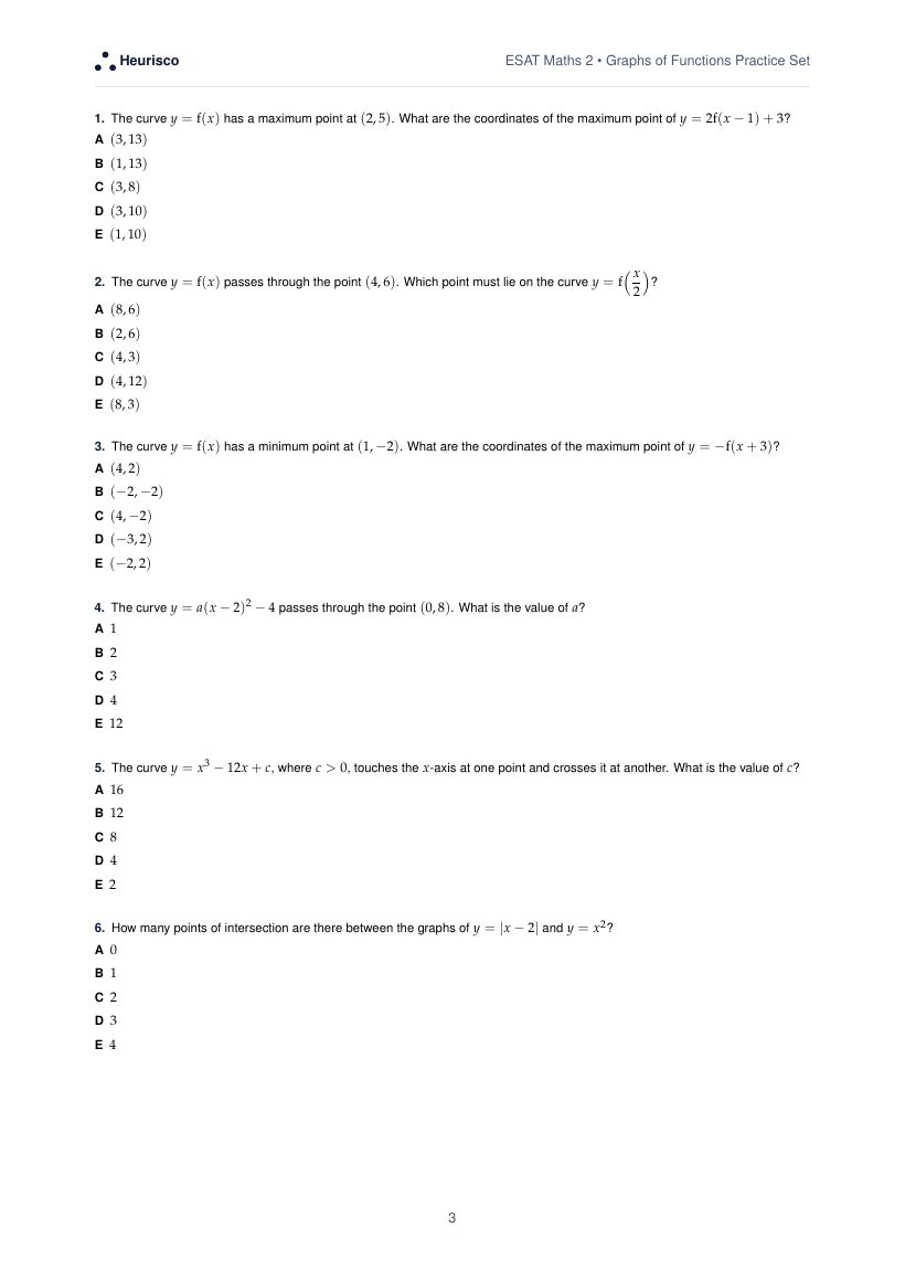 Page 3 of the question paper for ESAT Maths 2: Graphs of functions: the first questions, laid out as in the real test.