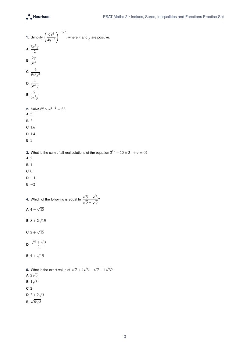 Page 3 of the question paper for ESAT Maths 2: Indices, surds, inequalities and functions: the first questions, laid out as in the real test.