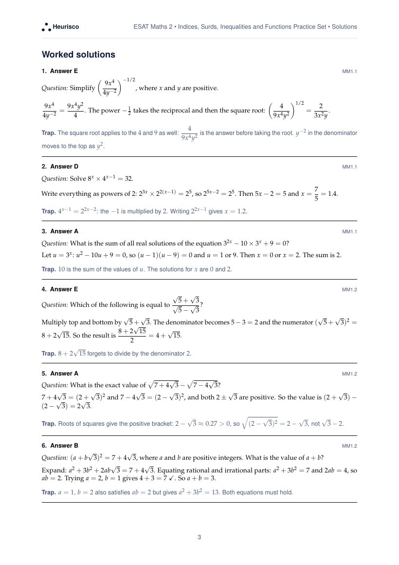 Page 3 of the worked solutions for ESAT Maths 2: Indices, surds, inequalities and functions: the answer, a step-by-step solution and the trap for each question.