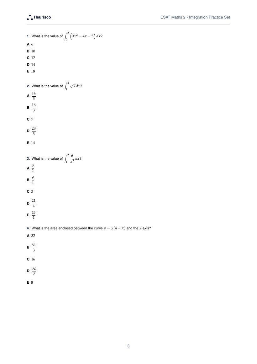 Page 3 of the question paper for ESAT Maths 2: Integration: the first questions, laid out as in the real test.