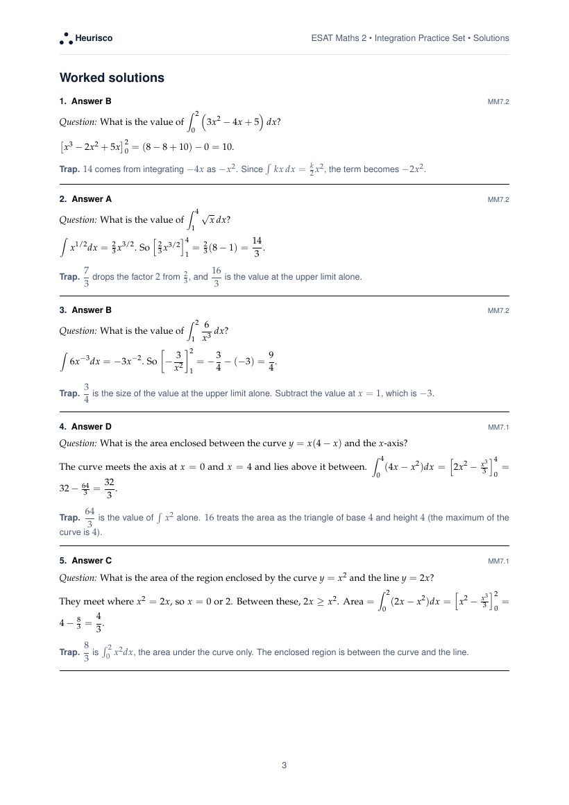 Page 3 of the worked solutions for ESAT Maths 2: Integration: the answer, a step-by-step solution and the trap for each question.