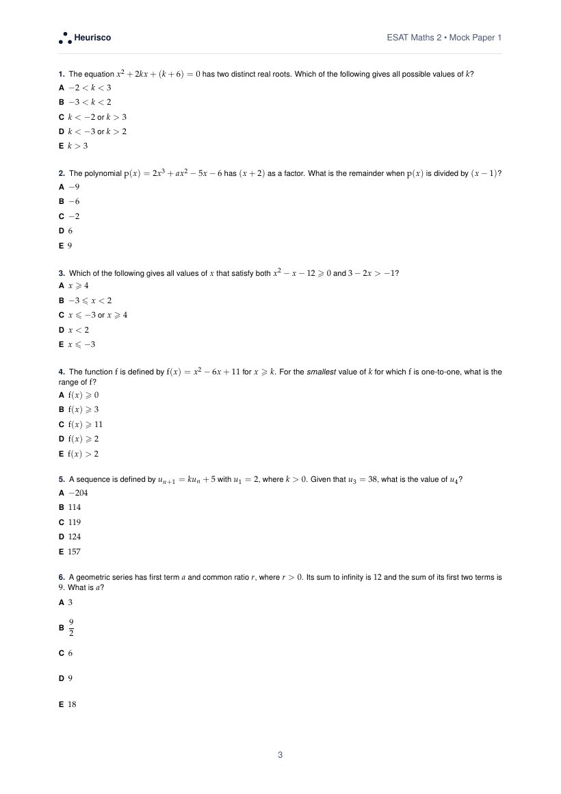 Page 3 of the question paper for ESAT Maths 2: Mock Paper 1: the first questions, laid out as in the real test.