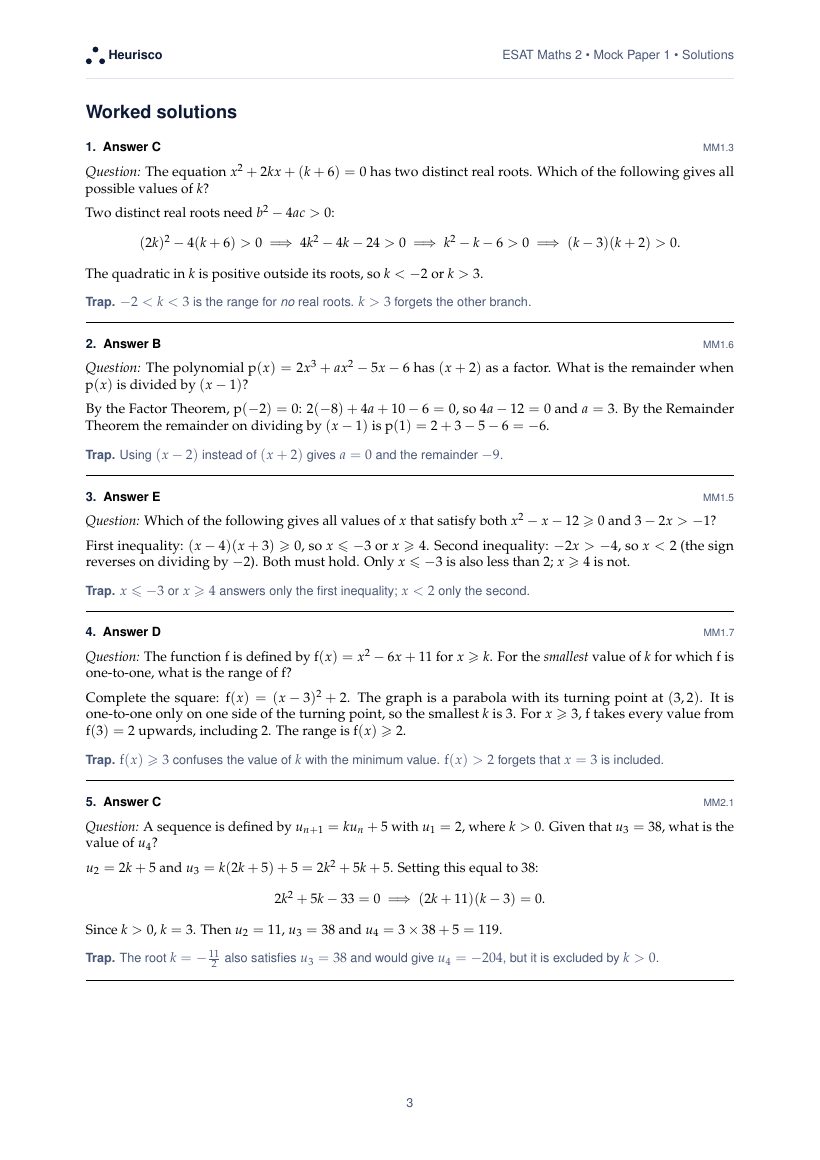 Page 3 of the worked solutions for ESAT Maths 2: Mock Paper 1: the answer, a step-by-step solution and the trap for each question.