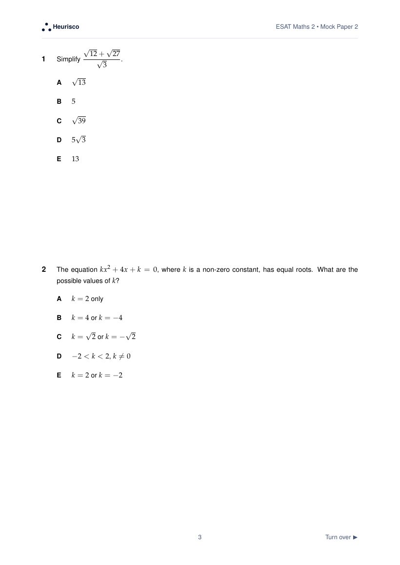 Page 3 of the question paper for ESAT Maths 2: Mock Exam 2: the first questions, laid out as in the real test.