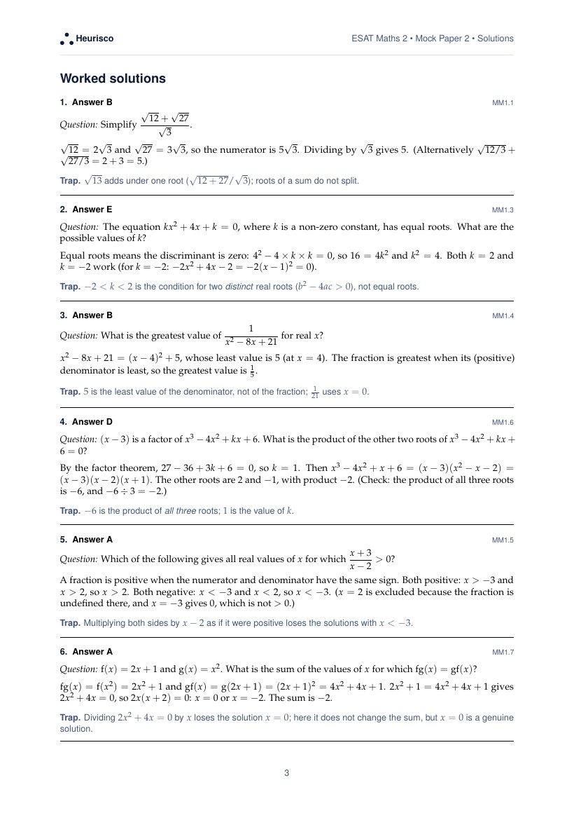 Page 3 of the worked solutions for ESAT Maths 2: Mock Exam 2: the answer, a step-by-step solution and the trap for each question.