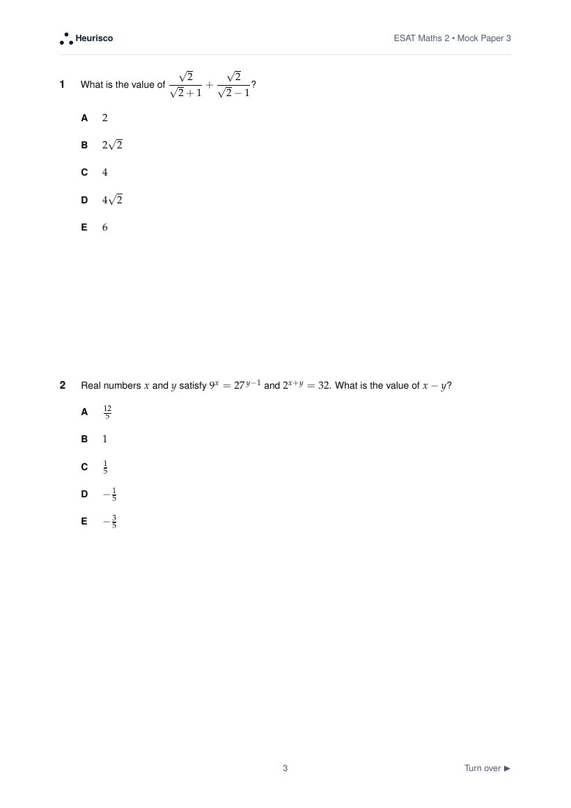 Page 3 of the question paper for ESAT Maths 2: Mock Exam 3: the first questions, laid out as in the real test.