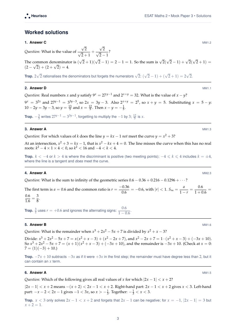 Page 3 of the worked solutions for ESAT Maths 2: Mock Exam 3: the answer, a step-by-step solution and the trap for each question.