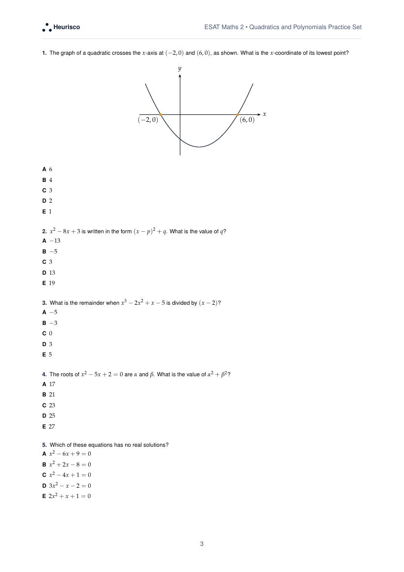 Page 3 of the question paper for ESAT Maths 2: Quadratics and polynomials: the first questions, laid out as in the real test.