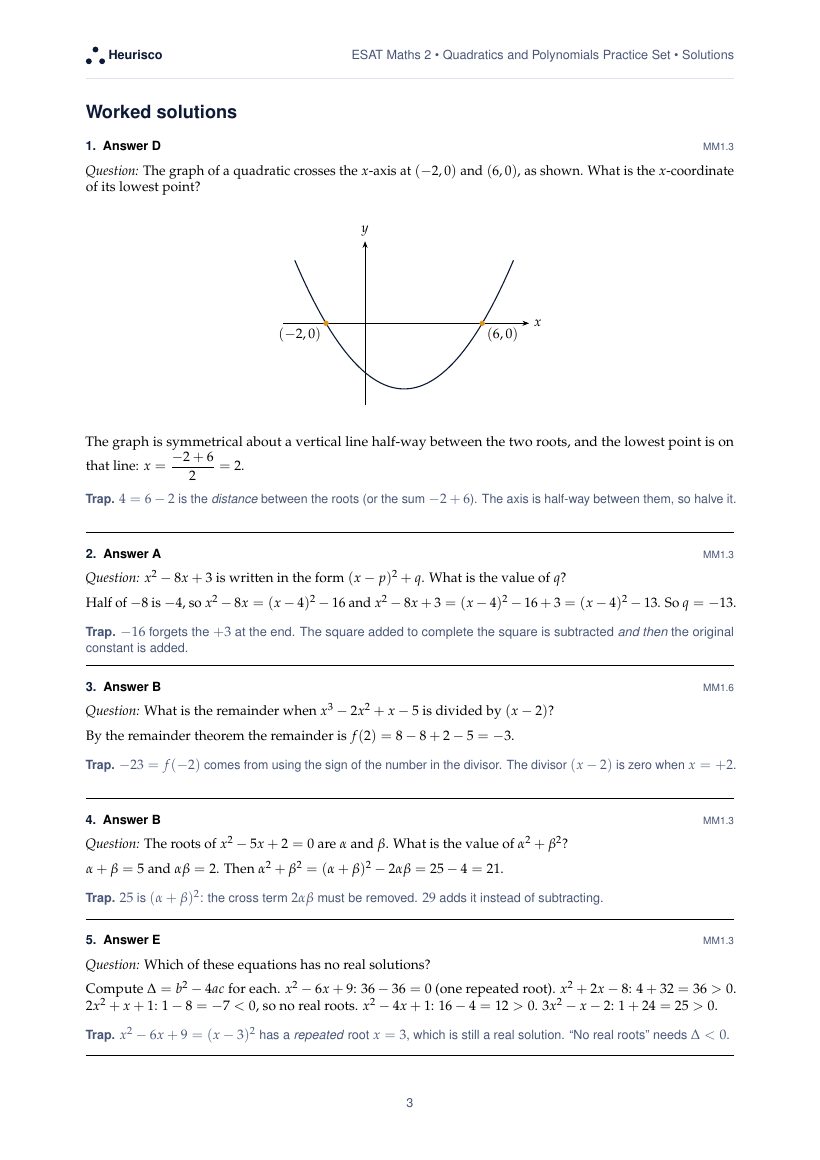 Page 3 of the worked solutions for ESAT Maths 2: Quadratics and polynomials: the answer, a step-by-step solution and the trap for each question.